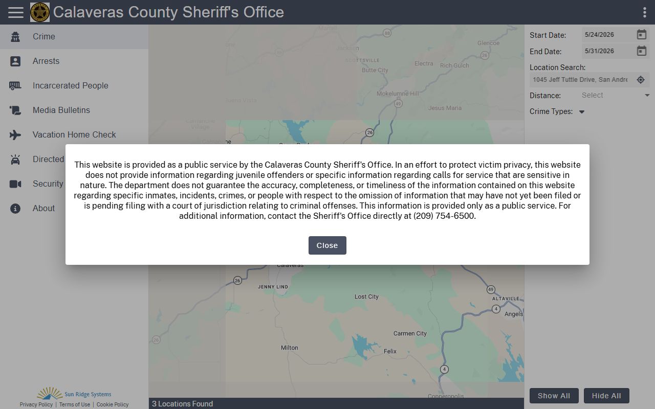 Calaveras County Citizen RIMS inmate records portal