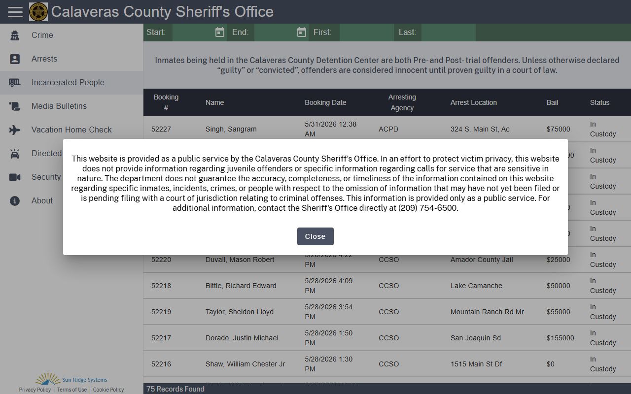 Calaveras County inmate roster in Citizen RIMS