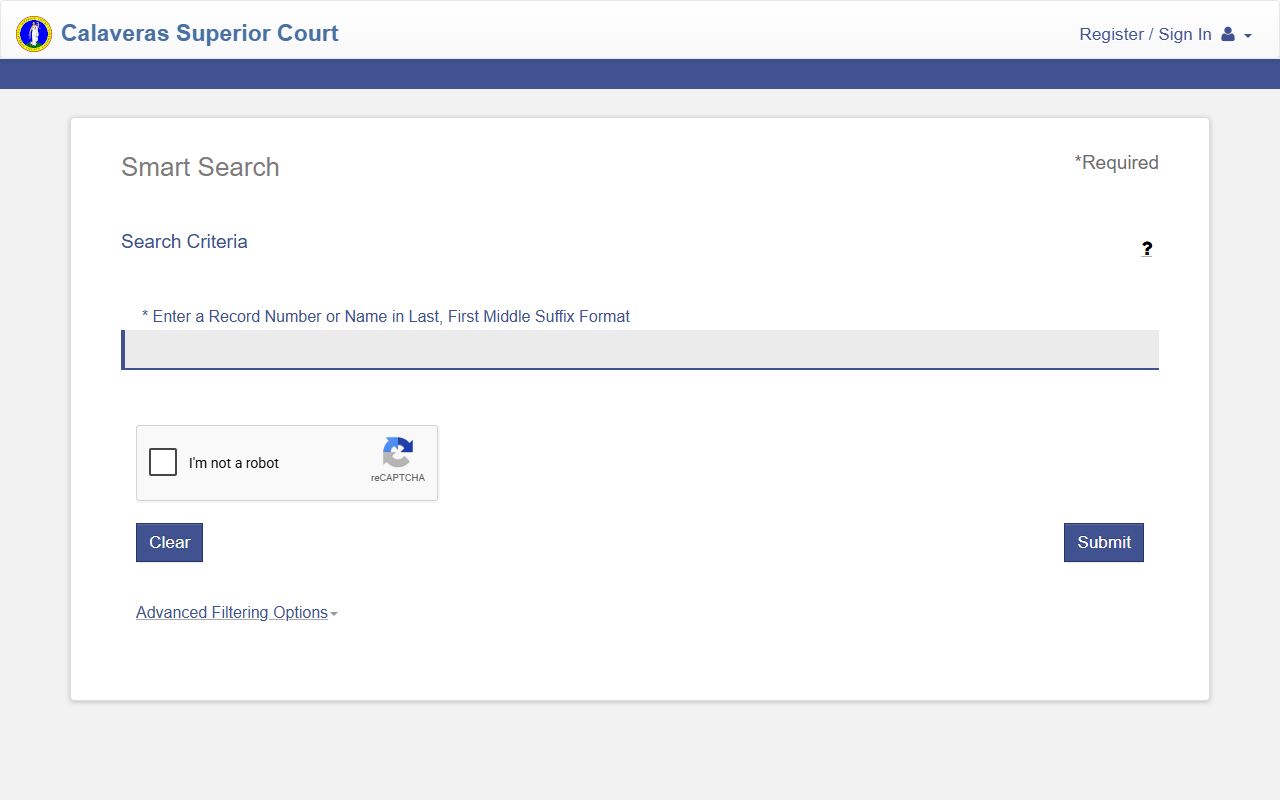Calaveras County court records after arrest Smart Search fields