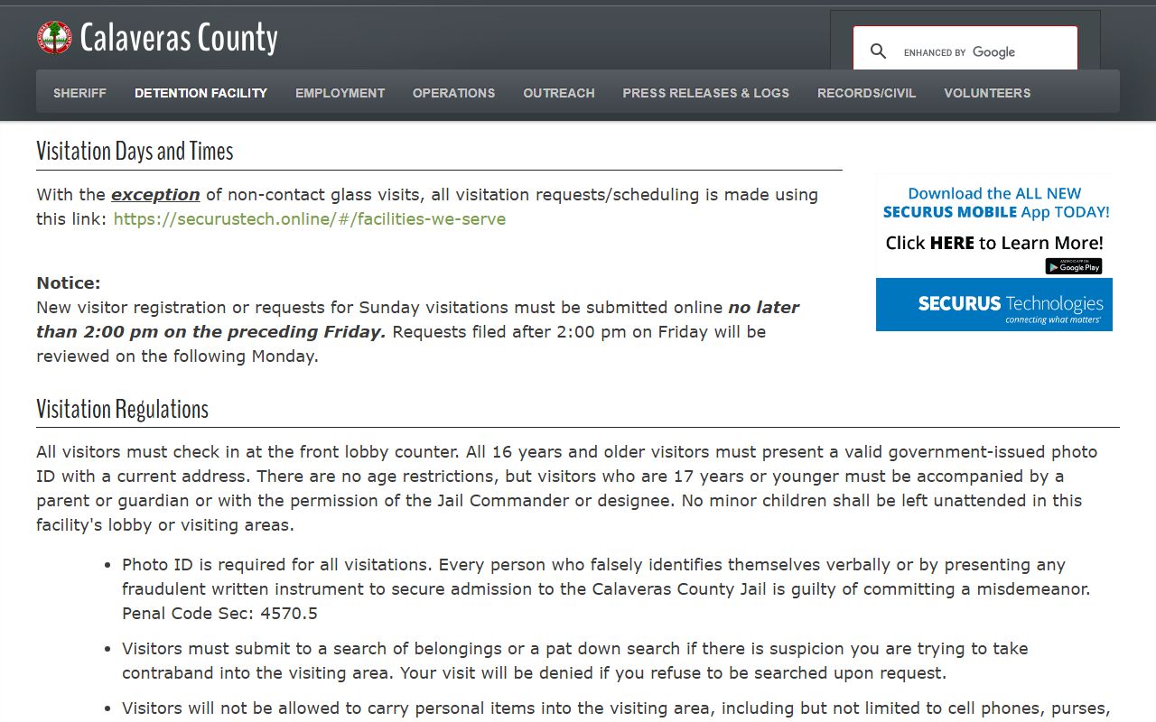 Calaveras County jail visiting rules for inmate records
