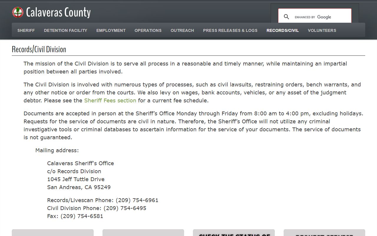 Calaveras County sheriff records civil contact for inmate records