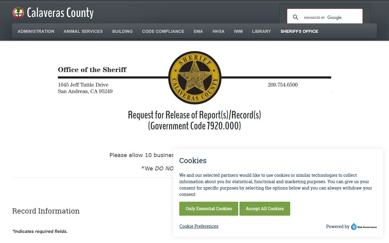 Calaveras County sheriff records request form for inmate records